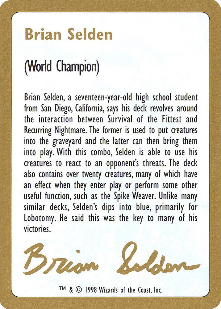 1998 Brian Selden Biography Card [World Championship Decks]