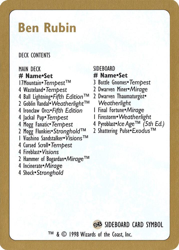 1998 Ben Rubin Decklist Card [World Championship Decks]