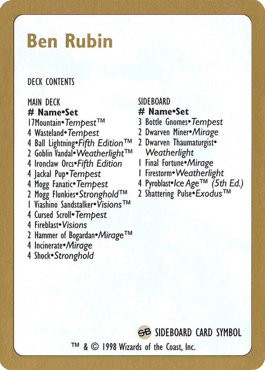 1998 Ben Rubin Decklist Card [World Championship Decks]