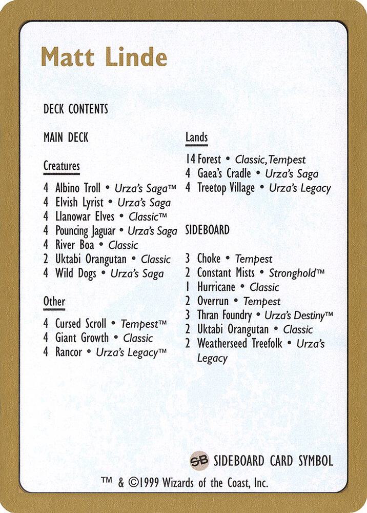 1999 Matt Linde Decklist Card [World Championship Decks]