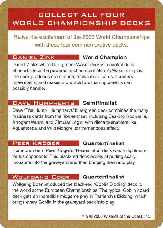 2003 World Championship Advertisement Card [World Championship Decks]