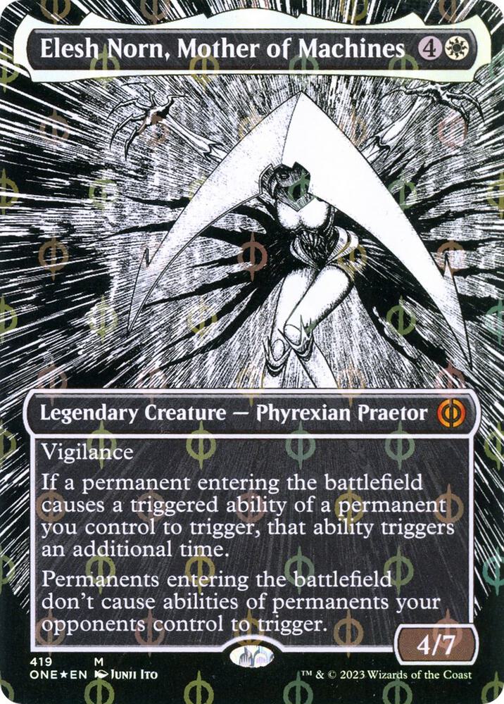 Elesh Norn, Mother of Machines (Borderless) (Step-and-Compleat Foil) [Phyrexia: All Will Be One] 419