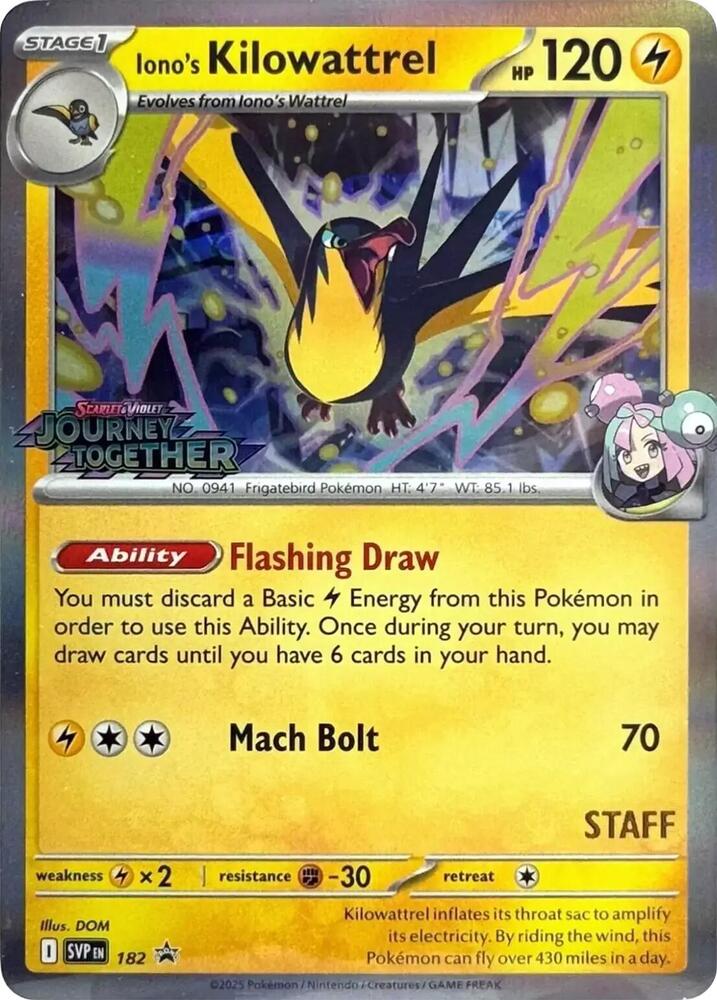 Iono's Kilowattrel - 182 (Prerelease) [Staff] [SV: Scarlet & Violet Promo Cards] 182