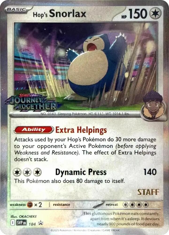 Hop's Snorlax - 184 (Prerelease) [Staff] [SV: Scarlet & Violet Promo Cards] 184